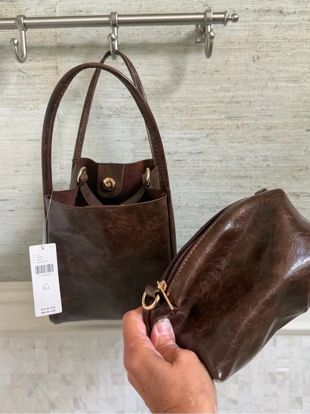 NWT new Anthropologie hollace mini waxed tote bag purse + pouch + 2 straps brown